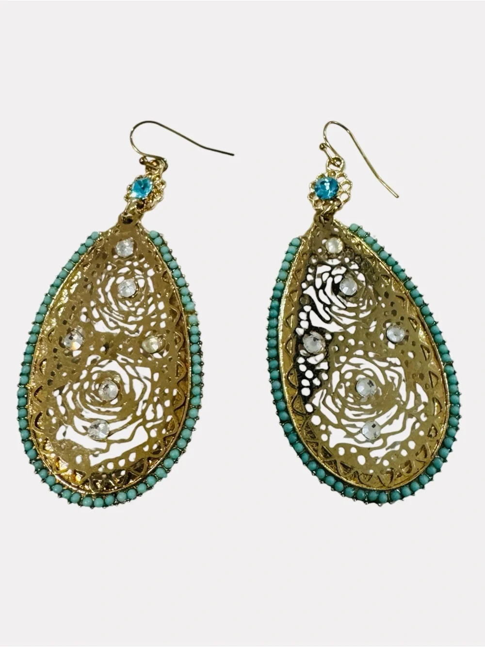 Boho Gold Tone Filigree Teardrop Earrings w/ Turquoise Bead Trim & Rhinestones